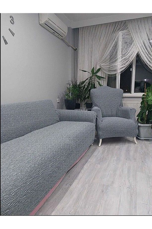 Jakarlı Düz Desen 3 3 1 1 Gri Lastikli Kanepe Örtüsü | Lastikli Koltuk Örtüsü | koltuk kılıfı Takımı - 3