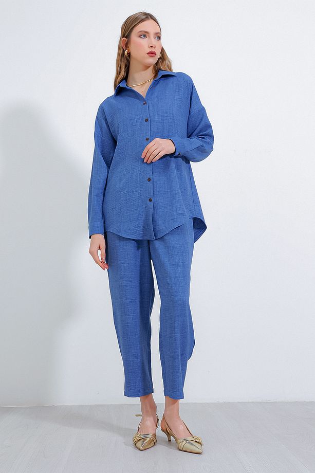 Kadın İndigo Oversize Keten Alt Üst Takım 6622 - 2