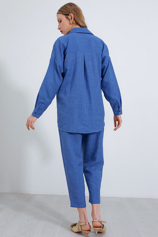 Kadın İndigo Oversize Keten Alt Üst Takım 6622 - 4
