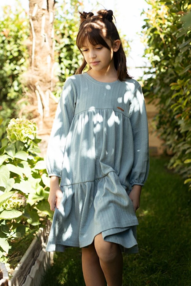 Long Sleeve Layered Dress Light Blue Organic Cotton