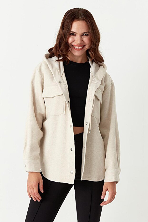 Jachetă de damă crem cu glugă - 4