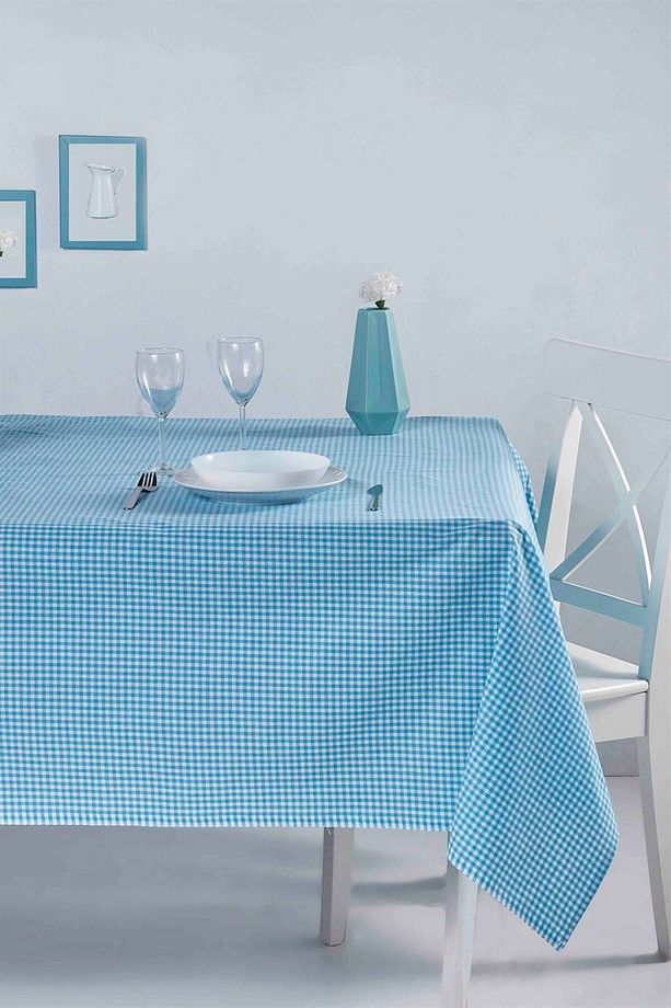 Pötikareli Turkuaz Masa Örtüsü - Küçük Kare Desen Piknik Örtüsü - 170x220 Cm - 1