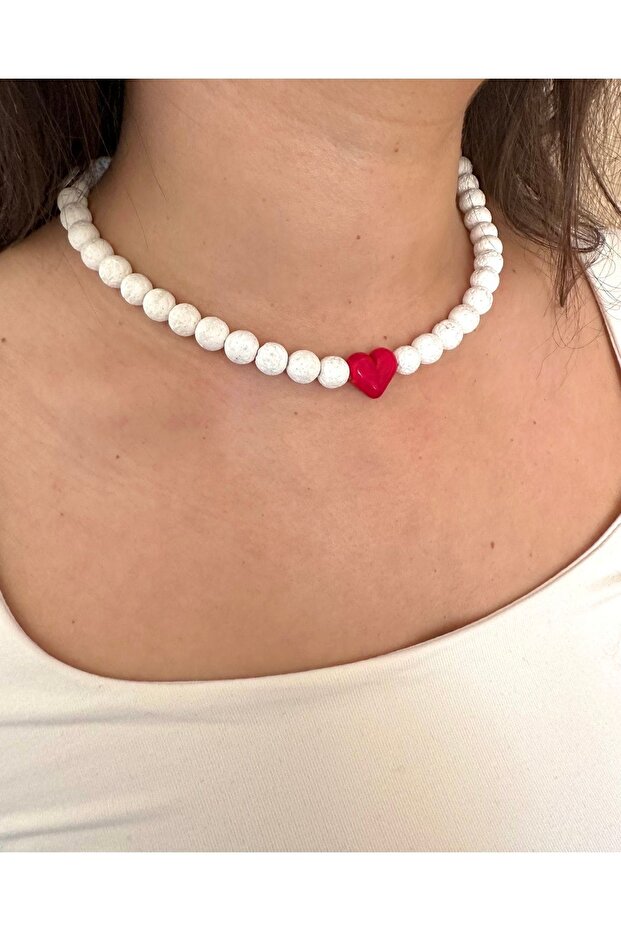 Red Murano Glass Heart Beaded White Lava Stone Necklace
