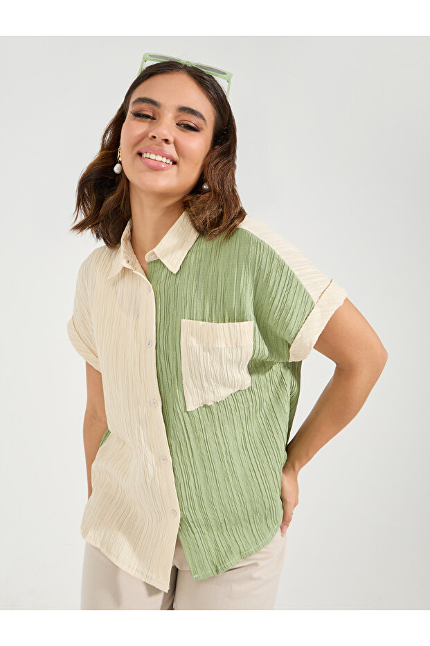 Textured Color Block Shirt with Turn-Up Sleeve