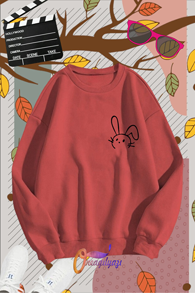 Rabbit Patterned Black Crew Neck Sweatshirt