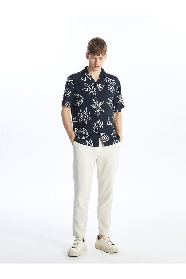 XSIDE Lacivert Baskılı Regular Fit Kısa Kollu Desenli Poplin Erkek Gömlek - 3