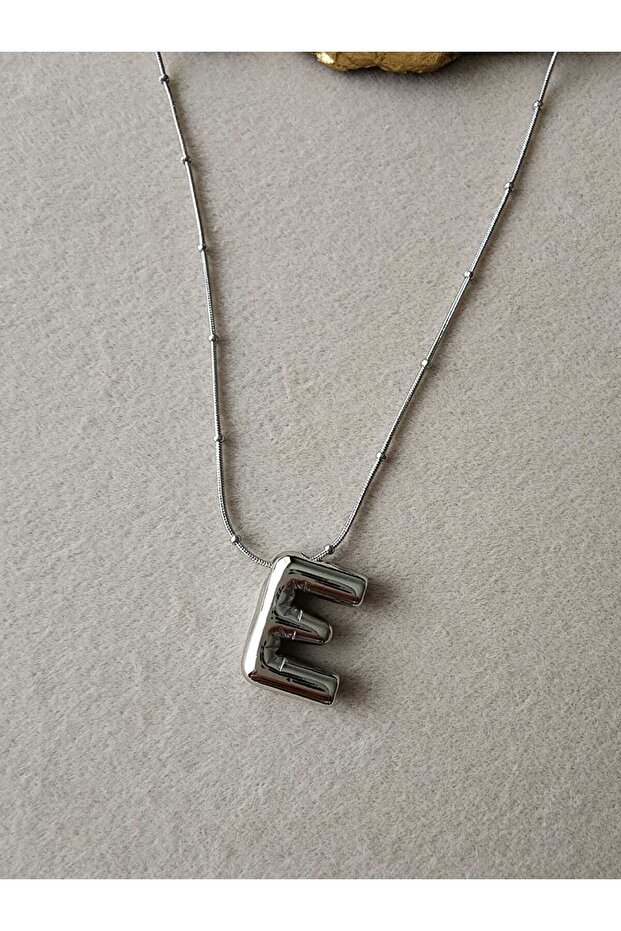 Stainless Steel Silver Bombe Balon E Harf Kolye - 1