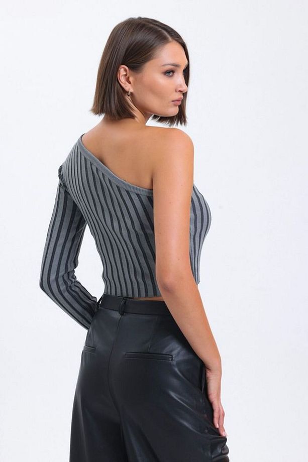 Çizgili Tek Omuzlu Fitilli Örme Crop Bluz - 4