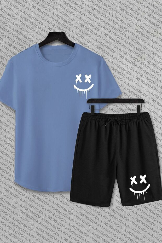 2-Piece X Smiling Face Shorts and T-Shirt Set, Black Set, NASASORTTSHIRT