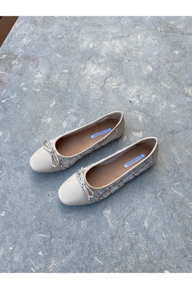 Women's Casual Flats Round Toe, Genuine Leather Nude Tweed Bow Ballerinas