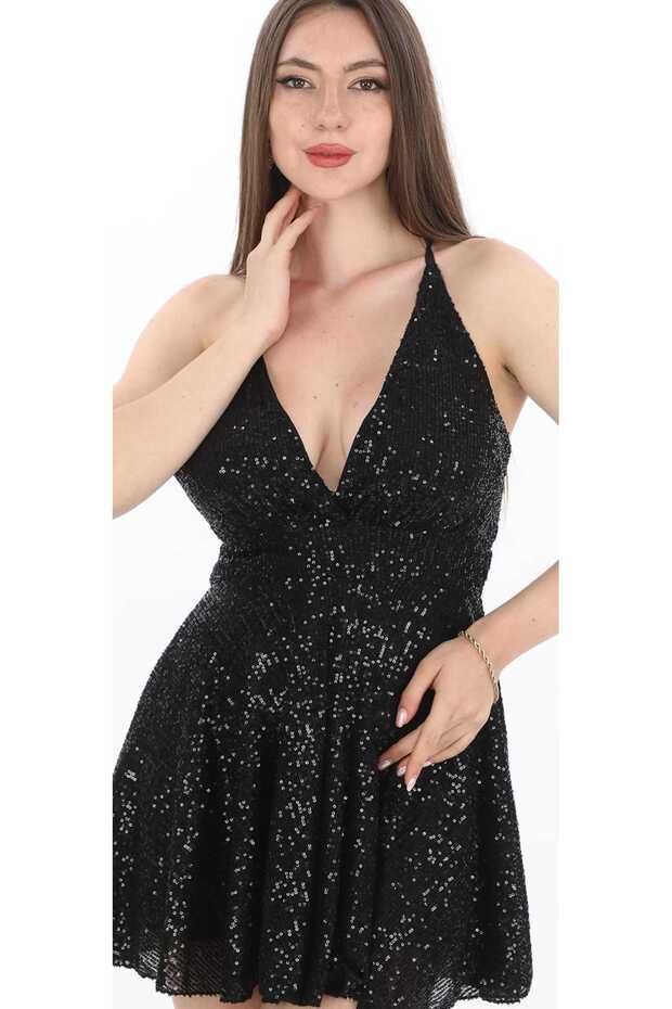 Büzgülü pulpayet işlemeli mini elbise - 4
