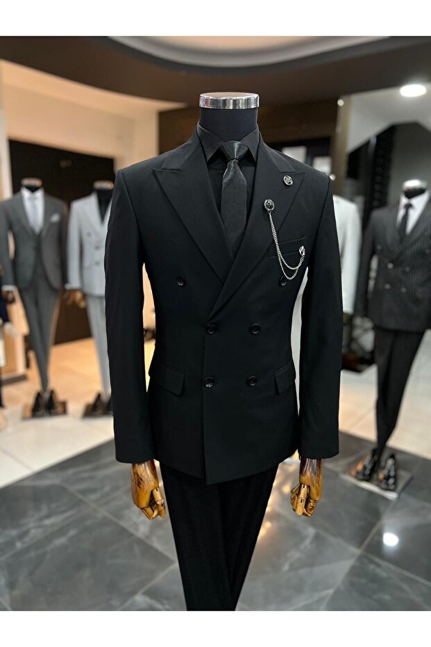 Black Double-Breasted Slim Fit Suit