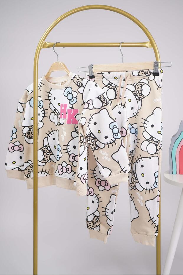 Girl's Turn to School Zero Collar Hello Kitty Flower Patterned Cotton Tracksuit Set