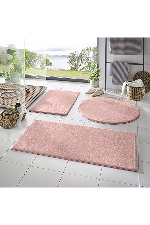 3-Piece Bath Mat Rug Plush Carpet Toilet Set Powder-pink 50x90-50x60--50x50(ROUND)-