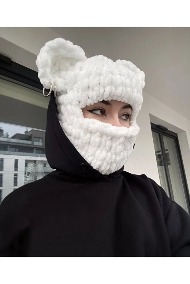 Balaclava, Snow Mask, Balaclava with Black Teddy Bear Ears, Beanie