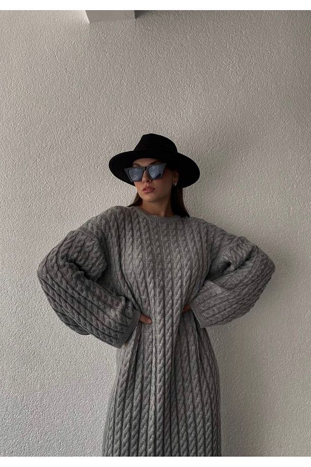 Kadın Gri Saç Örgüsü Detaylı Triko Elbise - L/xl Uyumlu - 4
