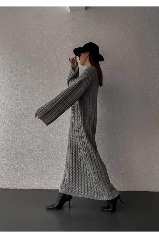Kadın Gri Saç Örgüsü Detaylı Triko Elbise - L/xl Uyumlu - 2