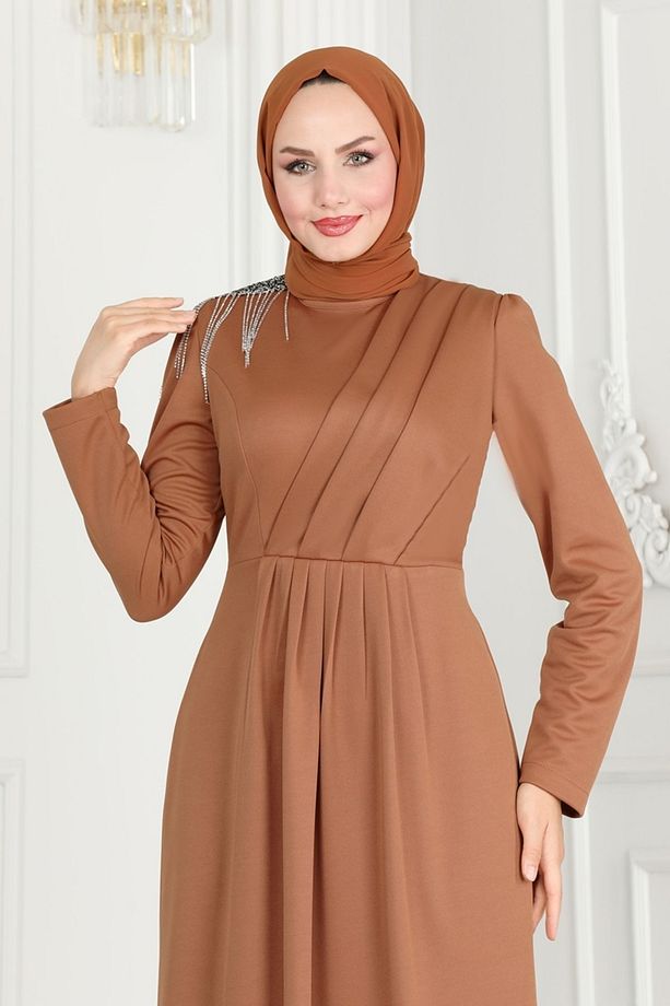 Drape Taş Detaylı Abiye 3018KTR750 Taba - 3