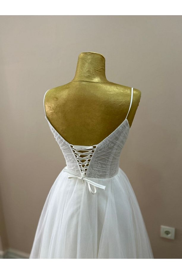 Helen Model Drapeli Ve Fransız Dantel Kaplama, Askılı Krem Renk Gelinlik, Nikah Elbisesi - 7