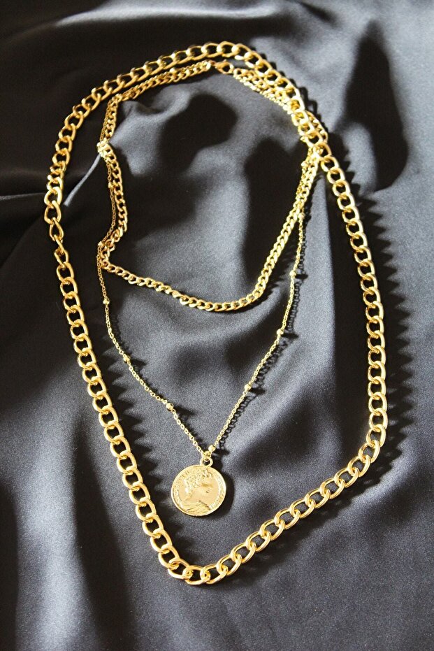 Yellow Three-Piece Thick Chain Locket Necklace Gold