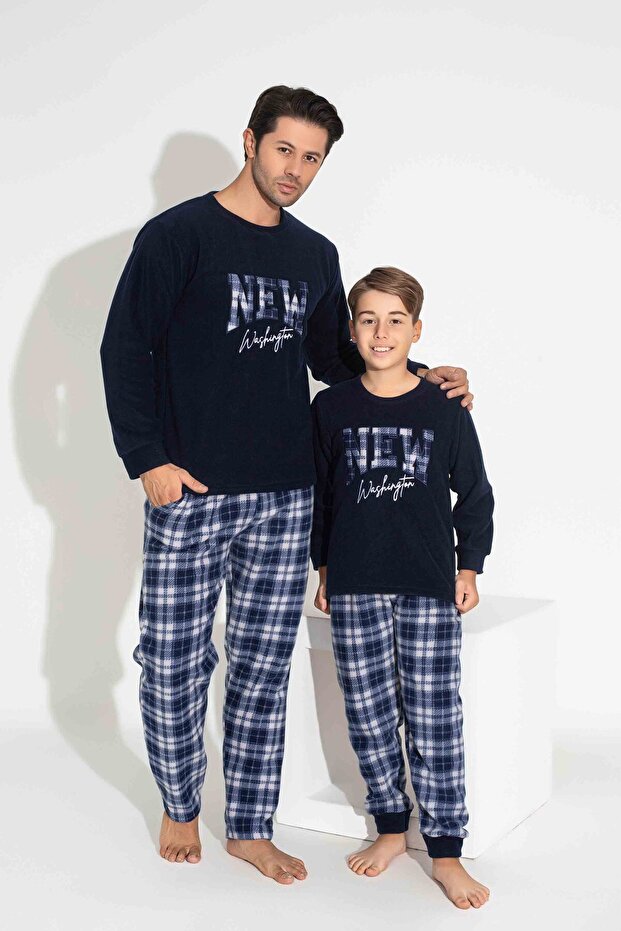 Men's Navy Blue Plaid Patterned Long Sleeve Father-Sohn Fleece Fabric Winter Warm Pajamas Set