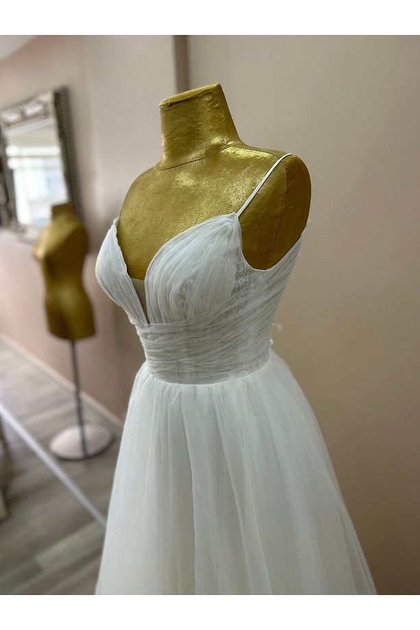 Helen Model Drapeli Ve Fransız Dantel Kaplama, Askılı Krem Renk Gelinlik, Nikah Elbisesi - 5