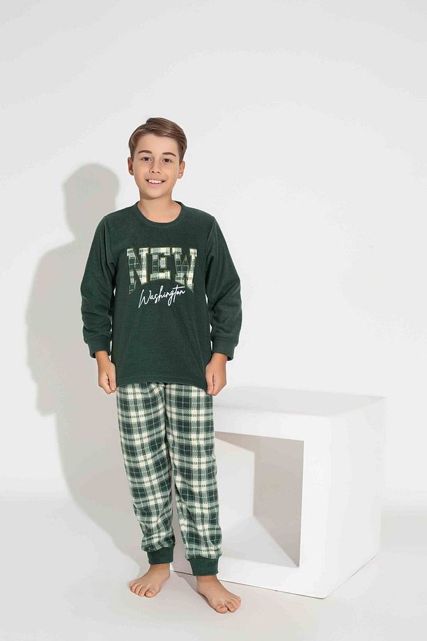 Erkek Haki Ekose VE Kare Desenli Uzun Kollu BABA-OĞUL Polar Kumaş Kışlık Sıcak Tutan Pijama Takımı - 2