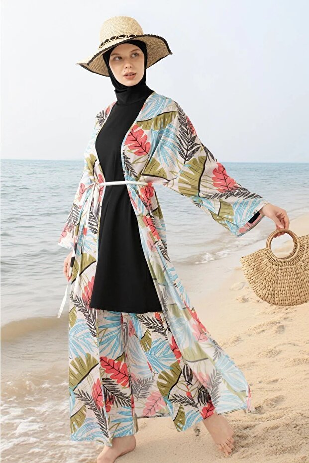 Różowy Pareo Hidżab Kostium Kąpielowy - Lycra Full Cover Fabric - 1