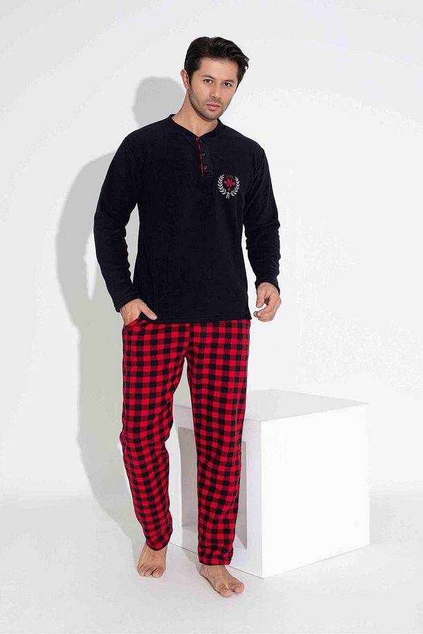 Erkek Ekose Ve Kare Desenli Uzun Kollu Polar Kumaş Kışlık Sıcak Tutan Pijama Takımı - 2