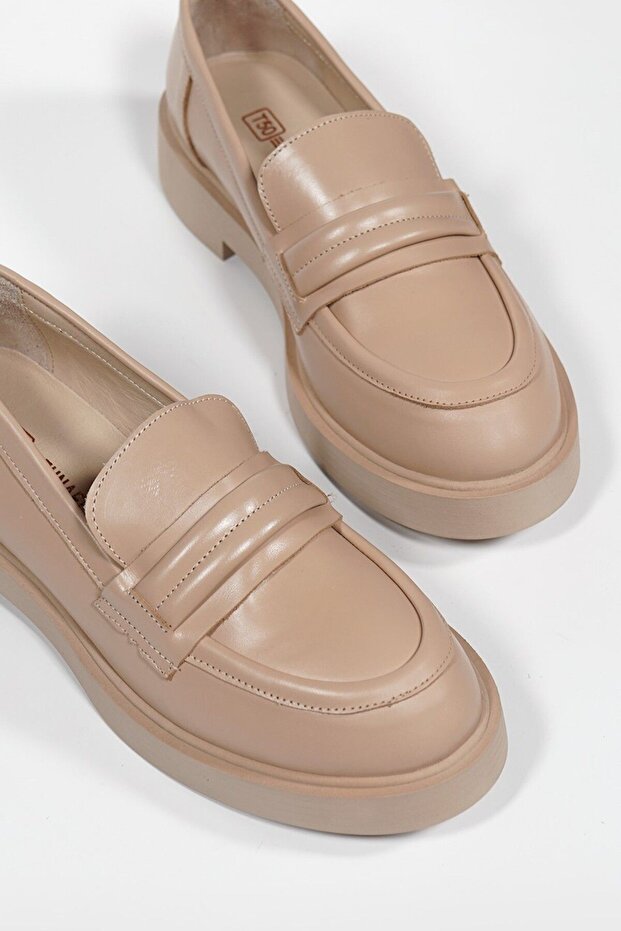 WOMEN'S BEIGE GENUINE NATURAL LEATHER LOAFER SHOES