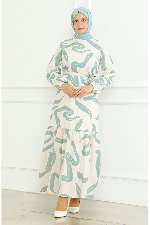 Patterned Belted Linen Dress 0471A-04 Beige Green