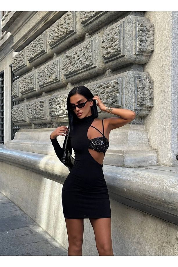 Göğsü Pul Payet Tek Kol Dekolte Mini Elbise - 1