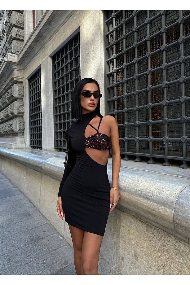 Göğsü Pul Payet Tek Kol Dekolte Mini Elbise - 4