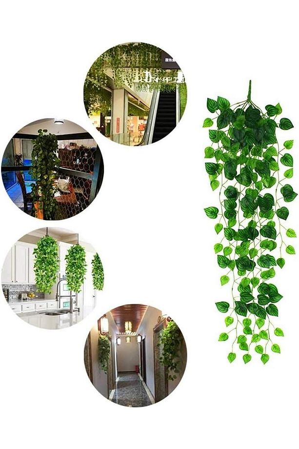 Yapay Çiçek Sarkan Sarmaşık Sarı Yeşil Oval Yaprak Desenli 9dallı Sarkan Bitki - 1