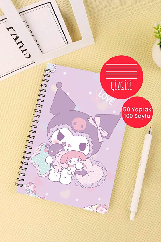 Kuromi Face Designed A5 Spiral School Notebook 50 Sheets 100 Pages - Ruled