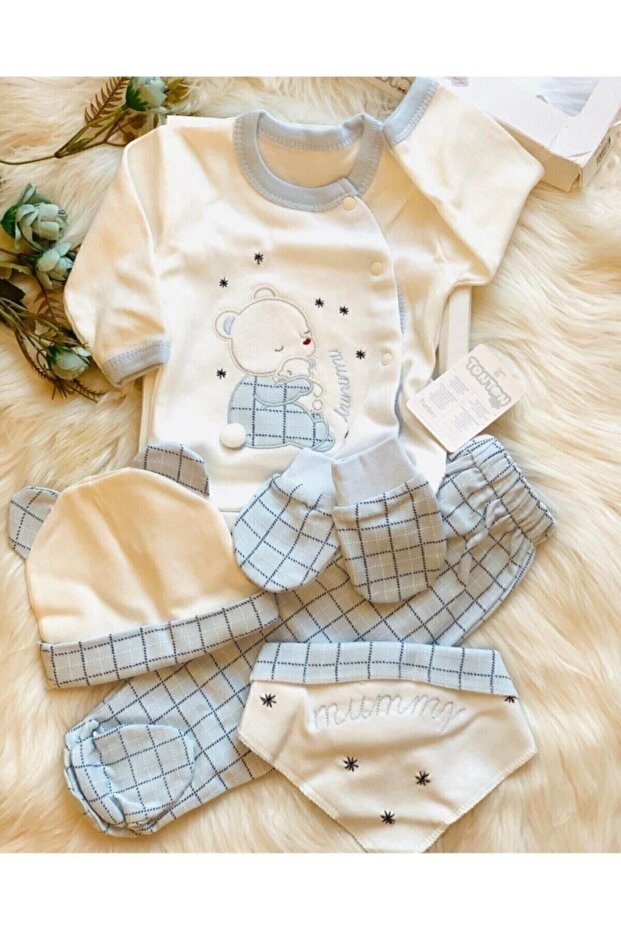 Baby Boy Blue Tonton Bebe 5-Piece Bodysuit Set Hospital Release - Scarf Apron