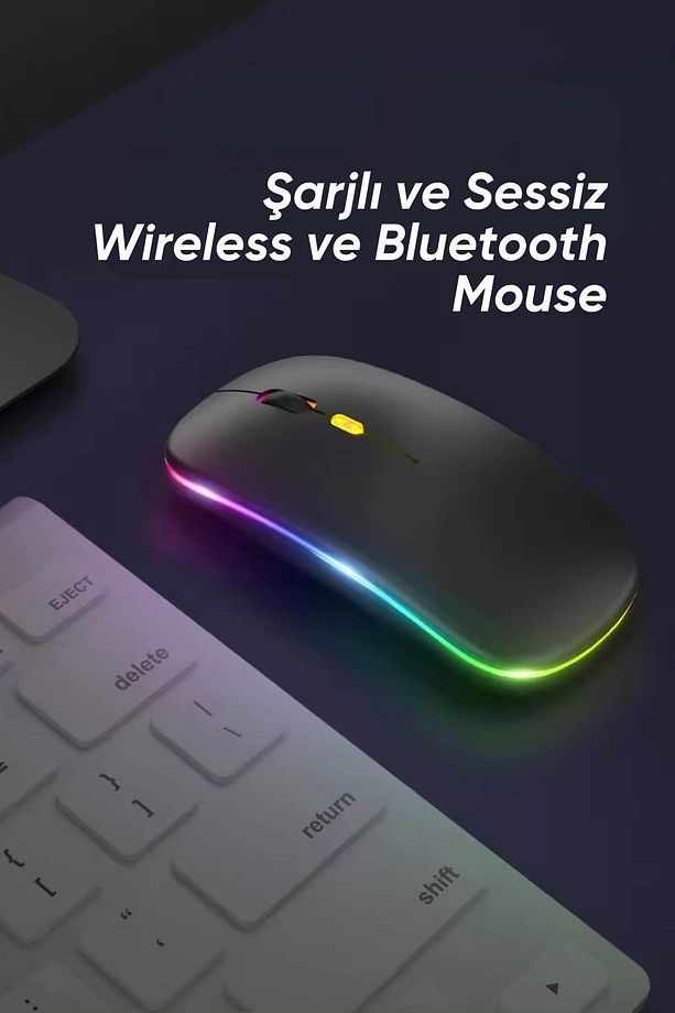 Kablosuz Wireless 2.4g Bluetooth Sessiz Mouse Şarj Edilebilir Rgb Renkli Ergonomik Tasarımlı - 1