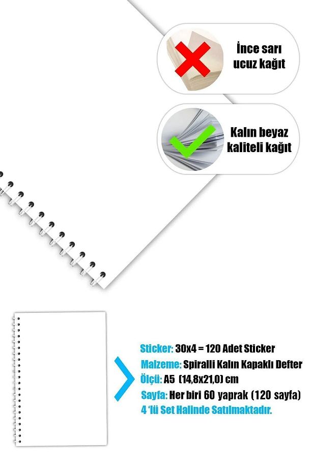 Notebook Sticker'lı 4'lü Çizgisiz Defter Seti (21X14,8CM 60'AR YAPRAK) My Dıy Planlayıcı Defter Seti - 3
