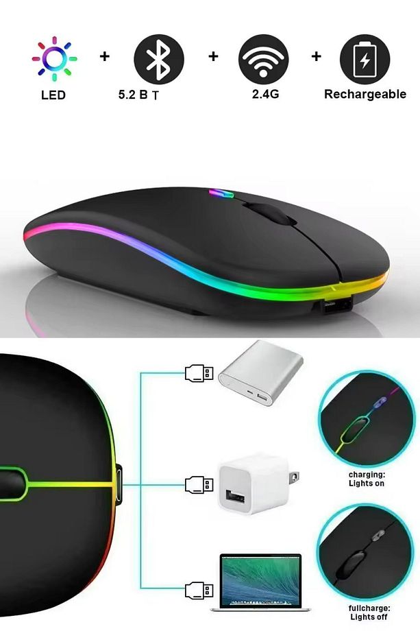 Kablosuz Wireless 2.4g Bluetooth Sessiz Mouse Şarj Edilebilir Rgb Renkli Ergonomik Tasarımlı - 5