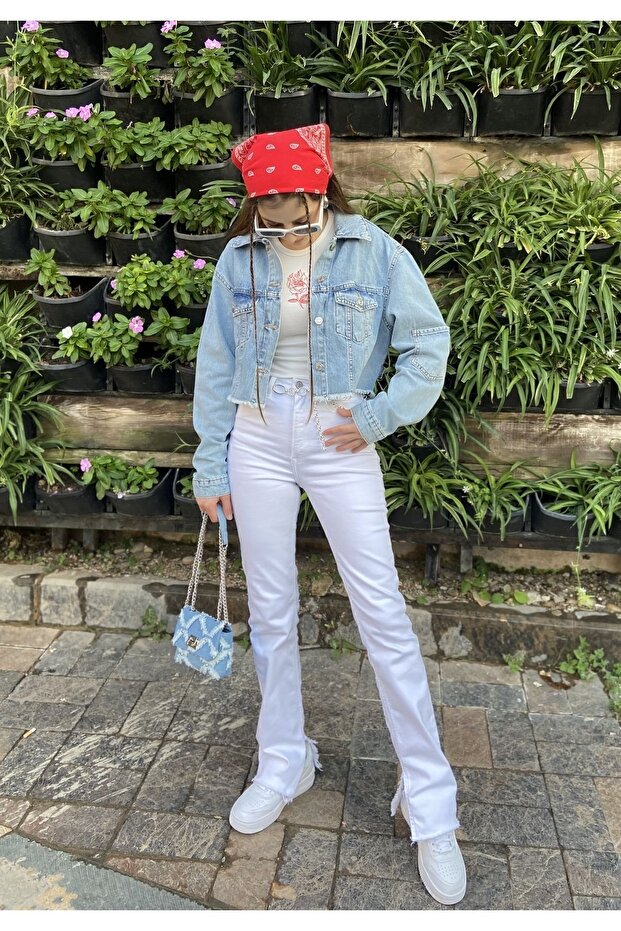 Light Blue Crop Denim Jacket with Tassels at the Hem