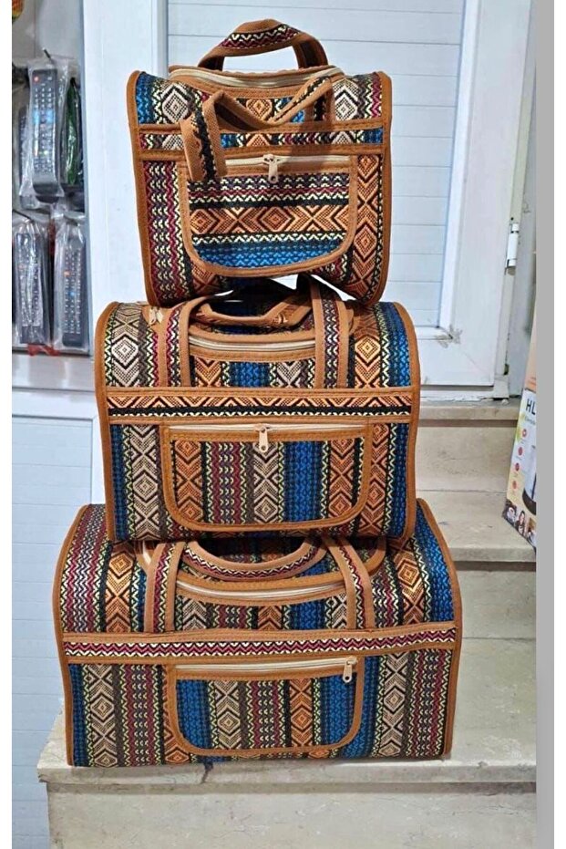 3’lü Hasır Model Kamp,Piknik,Aile El çantası (Renkli) - 2