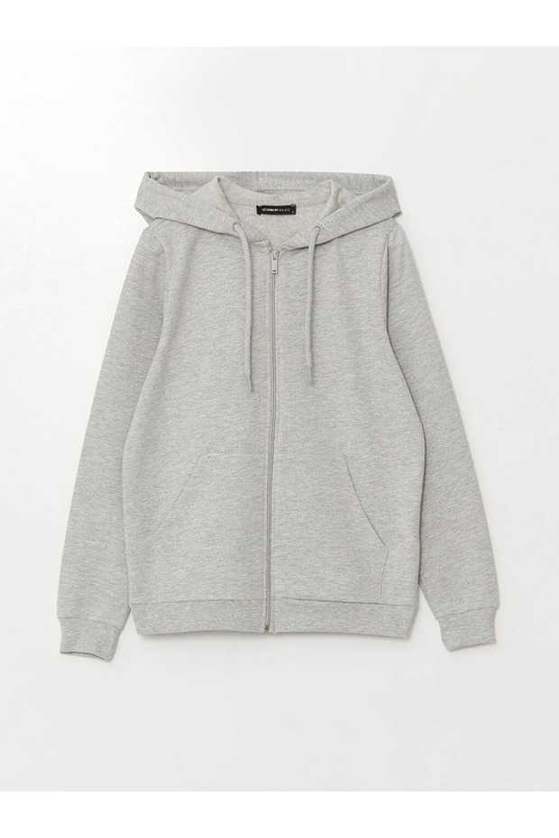 Lcwaikiki Basic Gray Melange Hooded Plain Long Sleeve Women's Zip-Up Sweatshirt