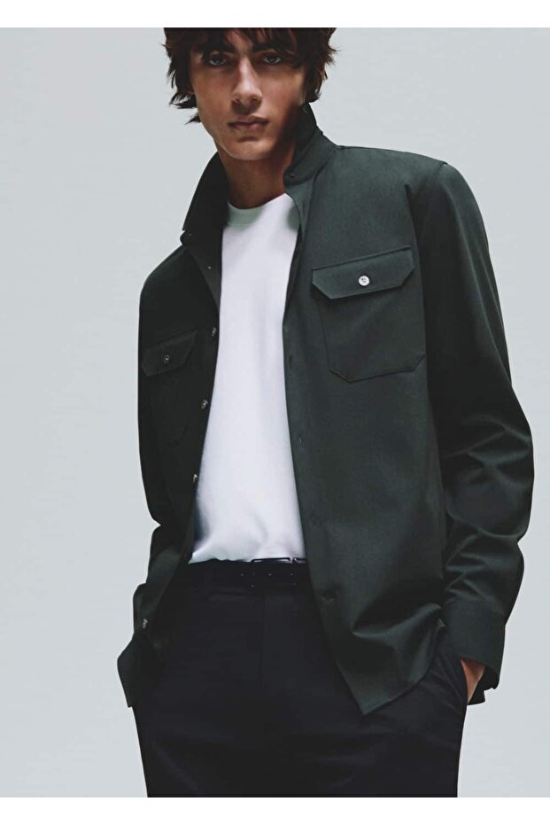 Stretch Fabric Shirt Jacket with Pockets - 8