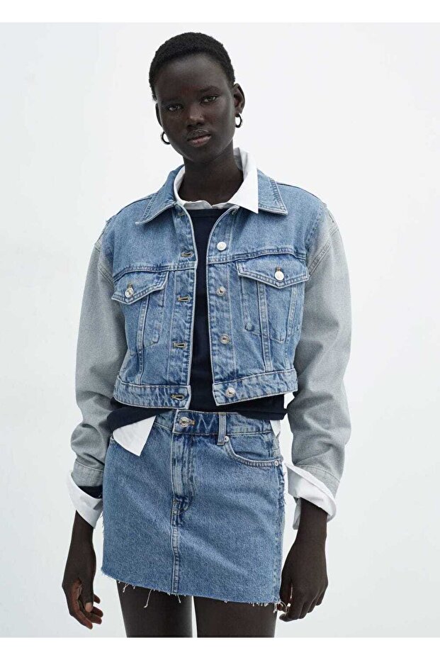 İki renkli denim mini etek - 5