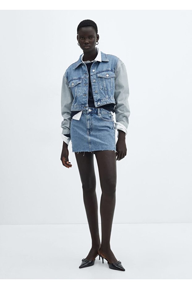 İki renkli denim mini etek - 2