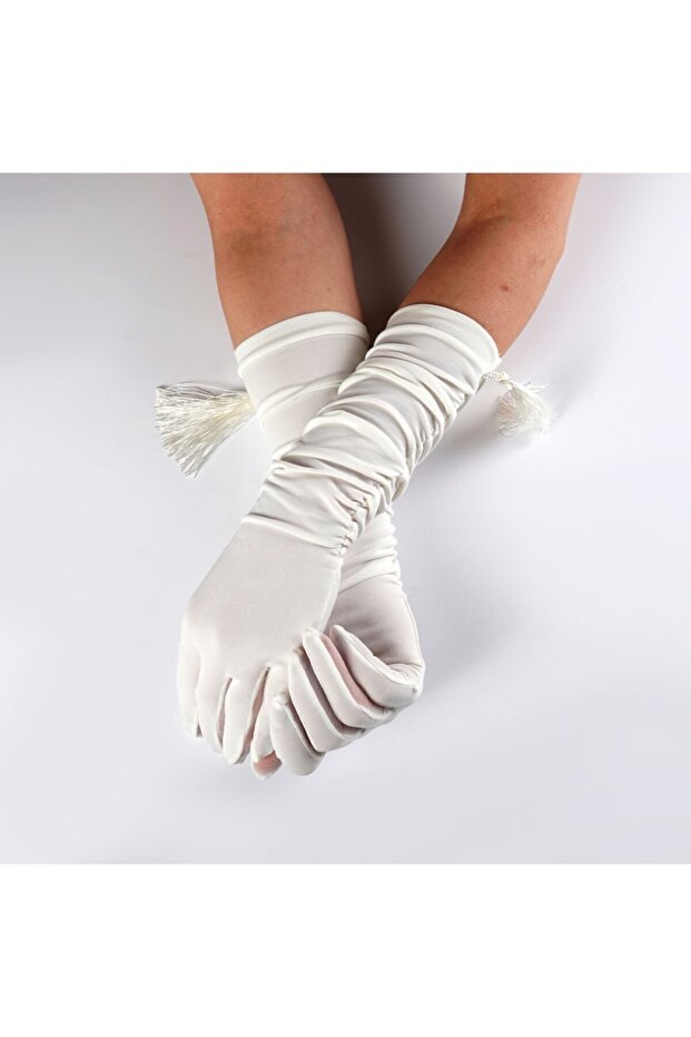 White Long Tassel Bridal Gloves, Prom Invitation, Waltz Gloves