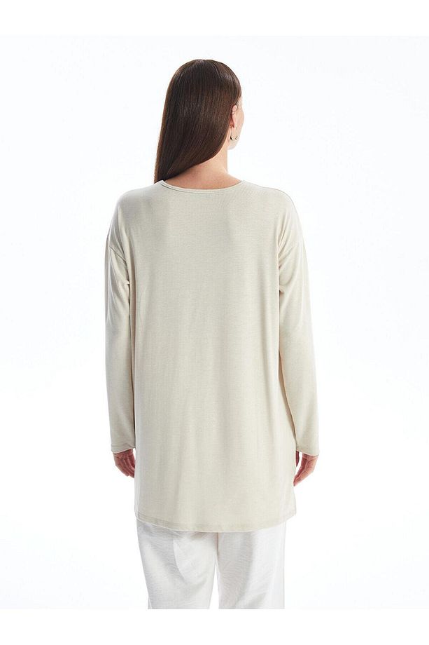 LCWAIKIKI Basic Bej Bisiklet Yaka Desenli Oversize Kadın Tunik - 5