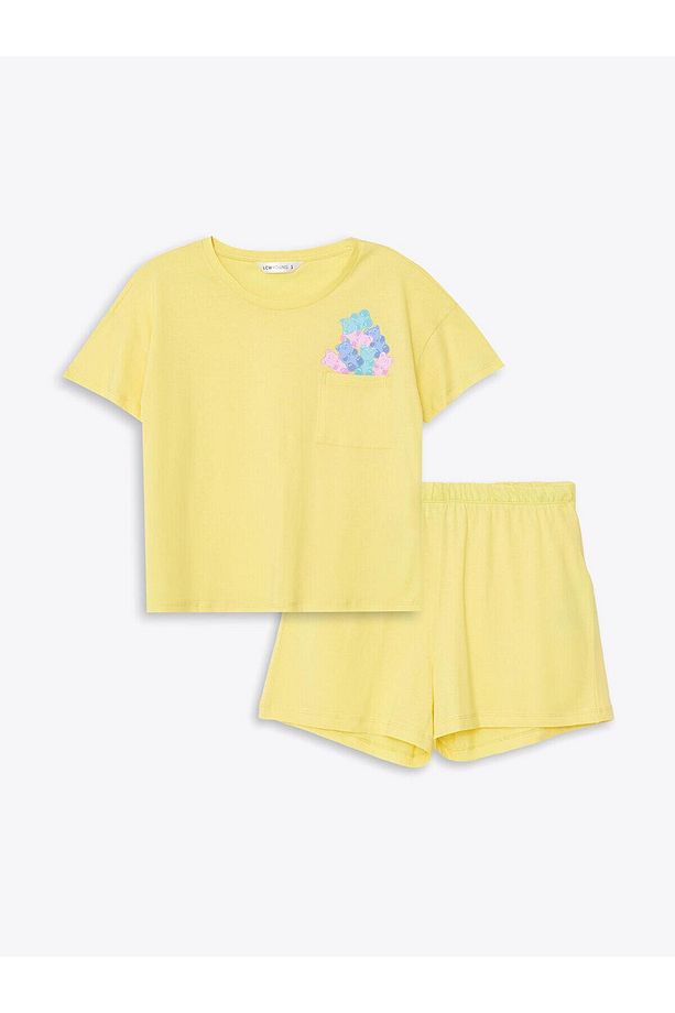 LCW Young Sarı Bisiklet Yaka Baskılı Kısa Kollu Kadın Şortlu Pijama Takımı - 5