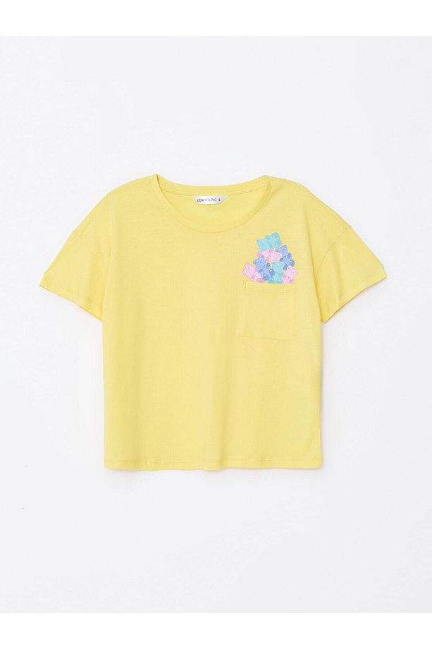 LCW Young Sarı Bisiklet Yaka Baskılı Kısa Kollu Kadın Şortlu Pijama Takımı - 6