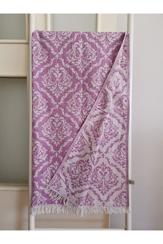 Peshtemal Bath Towel, Beach Towel 100% Cotton 95x175 Double Layer Astek Damask Purple